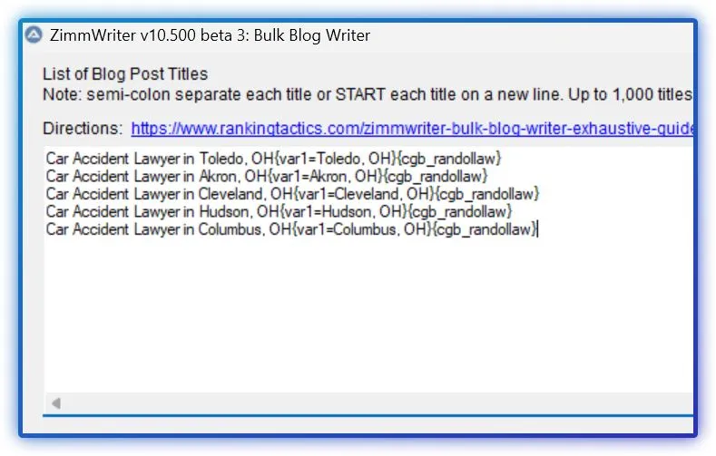 Список заголовков статей в Bulk Writer
